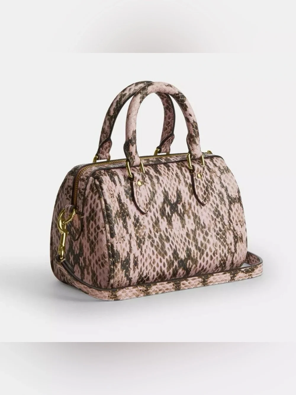 NWT Coach Mini Rowan Crossbody Bag snake embossed leather/Gold/Pink
